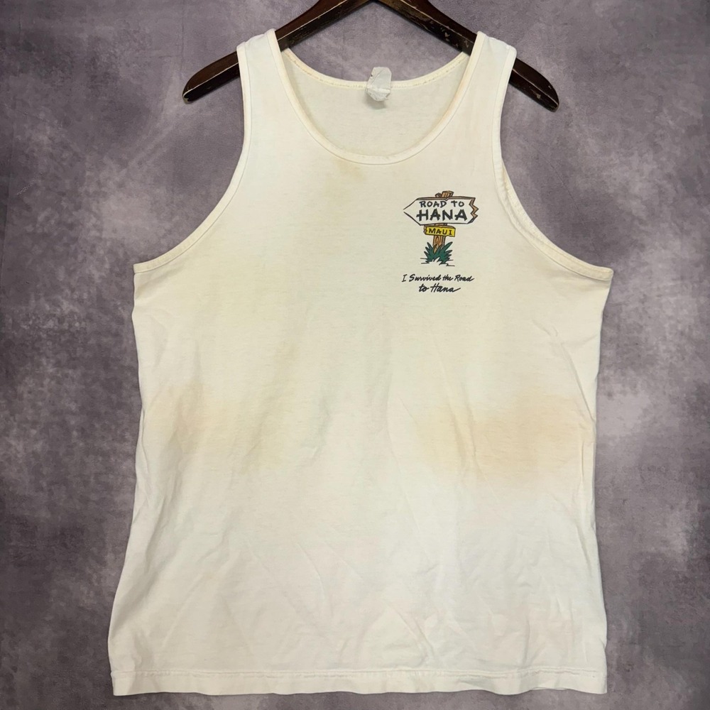 VTG Road to Hana Maui Tank Top Shirt Men's Large White Graphic Hawaii Souvenir